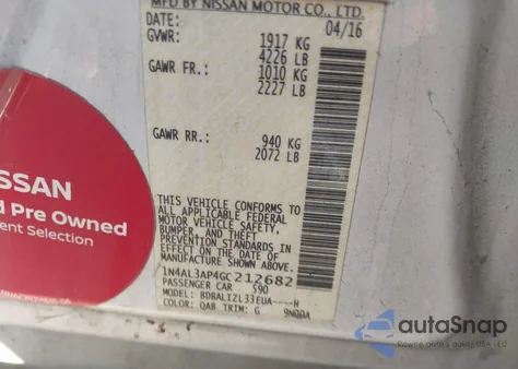 2016 Nissan Altima 2.5 Sv z USA, uszkodzony, nr VIN 1N4AL3AP4GC212682